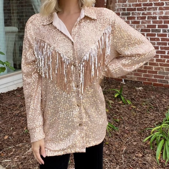 Blue B Tops - Blue B rose gold sequin fringe top size small worn once